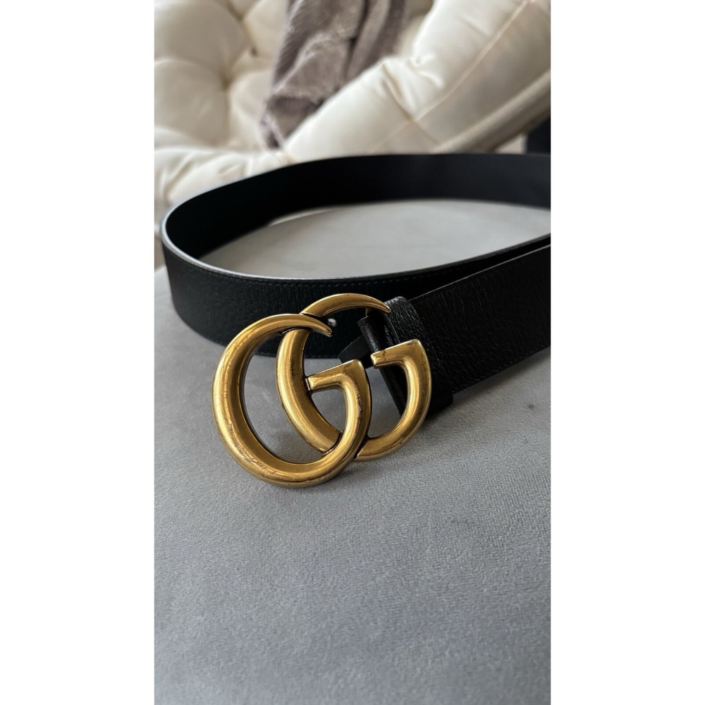 Gucci GG Marmont 409417 Black Leather Belt Gold Logo Italy Unisex sz 90/36